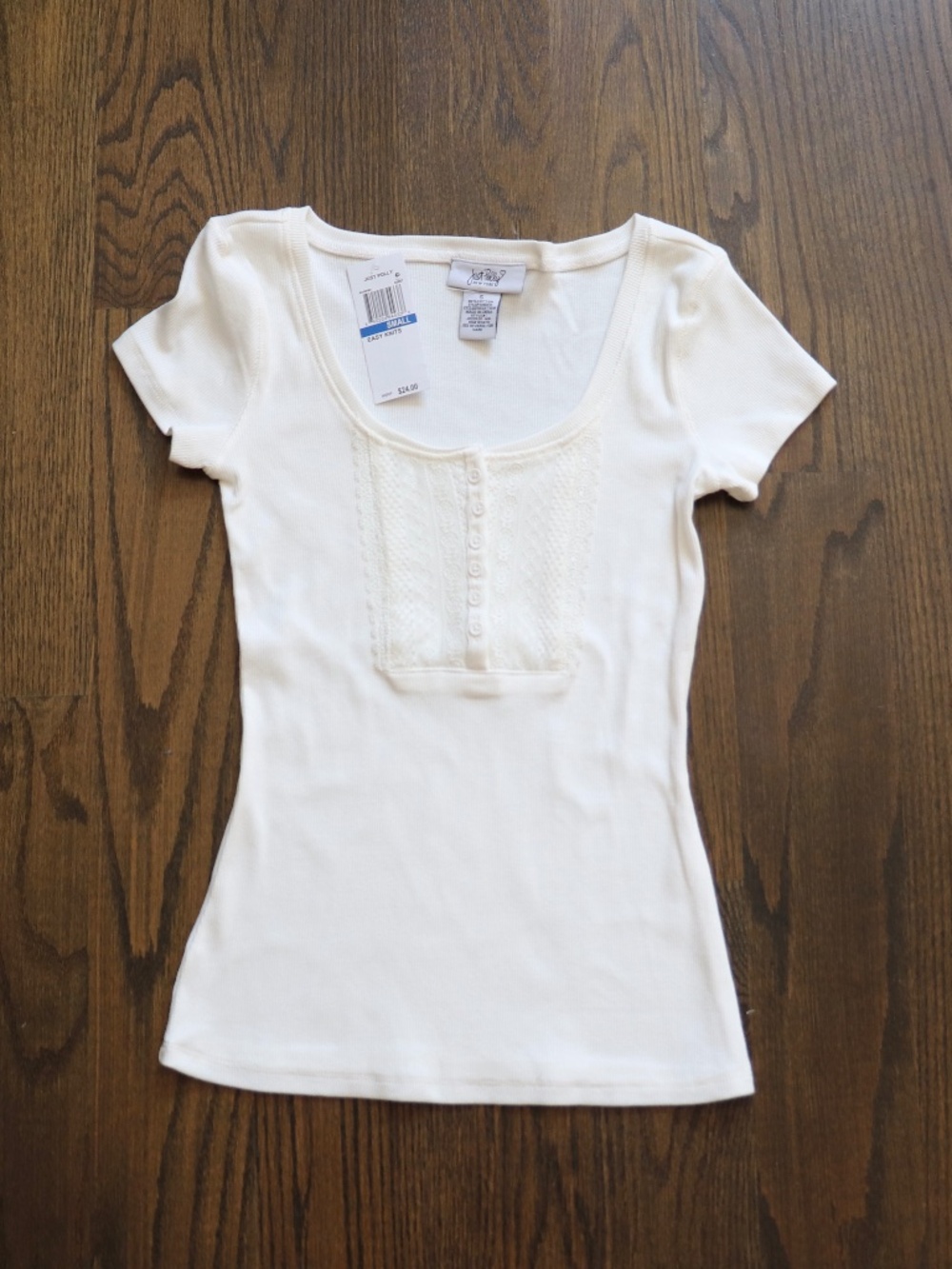 Just Polly Juniors Cream Ribbed Short Sleeve Tee Lace Panel Buttons Scoop Neck